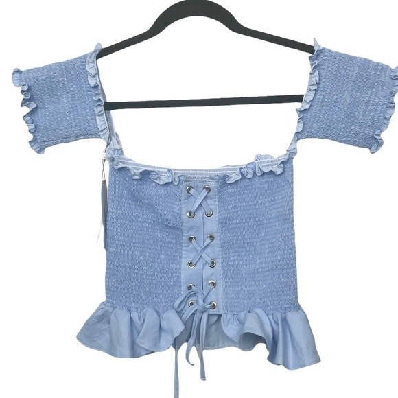 Peixoto Blue Nina Smock Grommet Lace Up Crop Top NWT Large - Picture 1 of 10